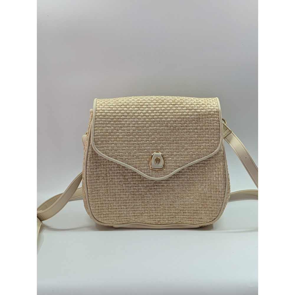 Etienne Aigner Woven Straw Crossbody Bag Cream Tan Vintage Style Saddle Purse
